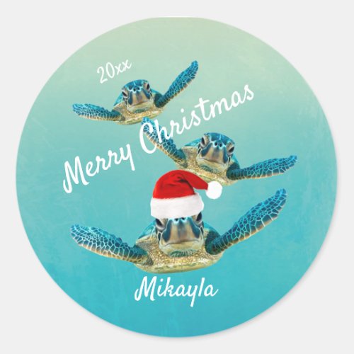 Baby Sea Turtle in Santa Hats Classic Round Sticker