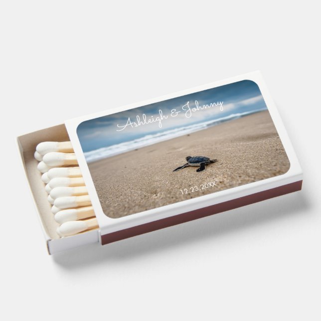 Baby Sea Turtle on the Beach Wedding Matchboxes (Front Open)