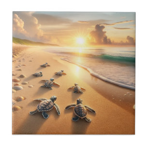 Baby Sea Turtles heading to the Ocean at the Beach Ceramic Tile