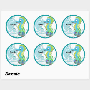 Baby Seahorse Blue Personalized Round Sticker