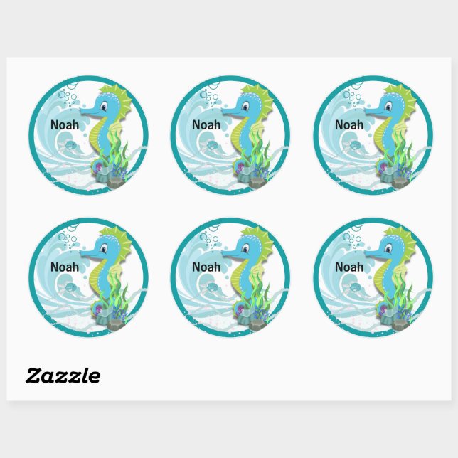 Baby Seahorse | Blue Personalized Round Sticker (Sheet)