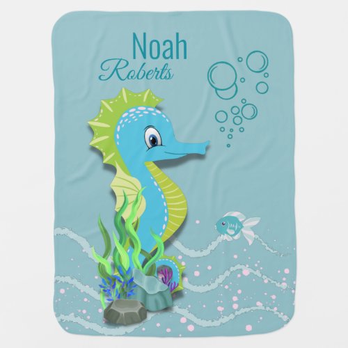 Baby Seahorse Personalized Blue Blanket