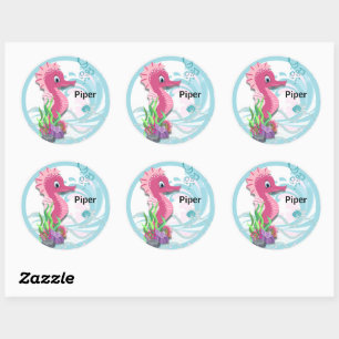 Baby Seahorse Pink Personalized Round Stickers