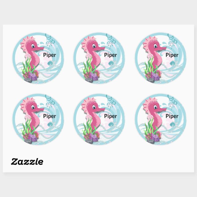 Baby Seahorse | Pink Personalized Round Stickers (Sheet)