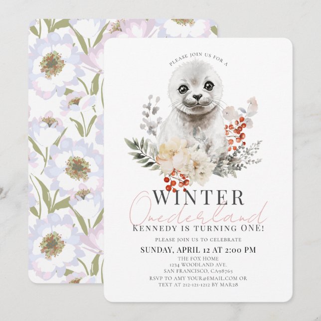 Baby Seal Winter Onederland Girl 1st Birthday Invitation (Front/Back)