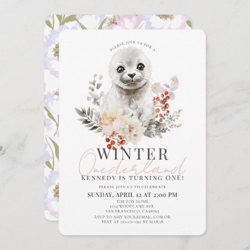 Baby Seal Winter Onederland Girl 1st Birthday Invitation