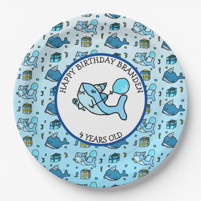 Baby Shark and Whales Personalized Boy's Birthday Paper Plates (Front)