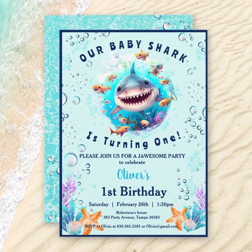 Baby Shark Boy Blue Pool Party 1st Birthday  Invitation