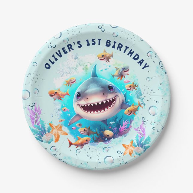 Baby Shark Boy First Birthday Party Paper Plates (Front)