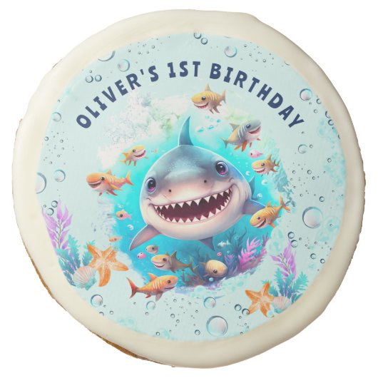Baby Shark Boy First Birthday Party Sugar Cookie (Front)