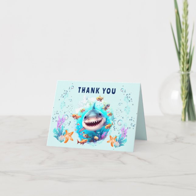 Baby Shark Boy First Birthday Party Thank You Card (Front)