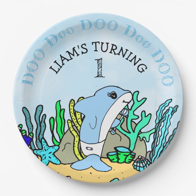Baby Shark boy's Birthday Party Paper Plates (Front)