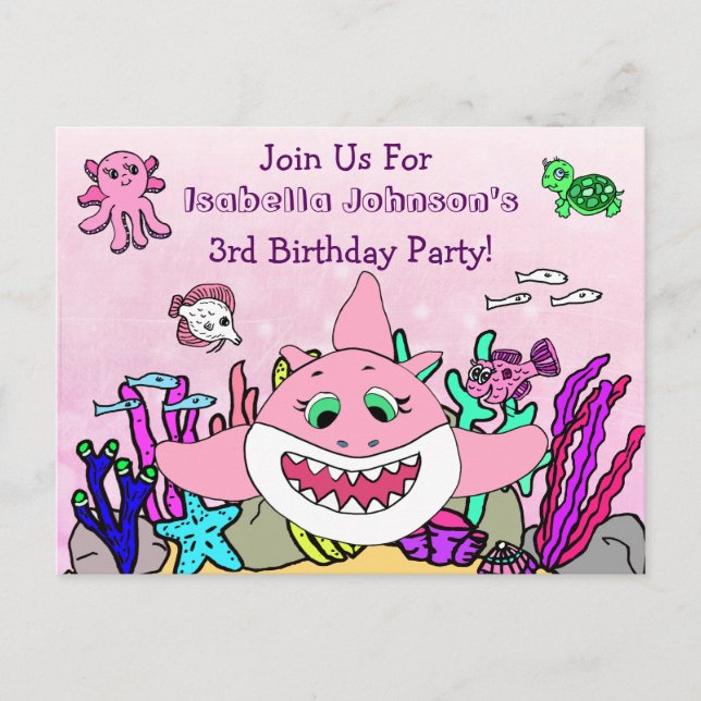 Baby Shark Family Custom Birthday Invitation Postcard (Front)