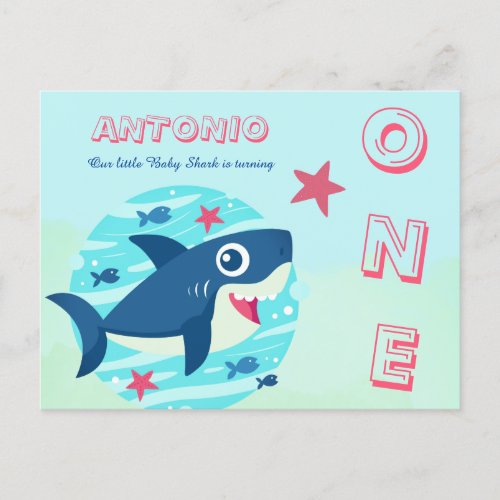 Baby shark first birthday cute under the sea blue invitation postcard