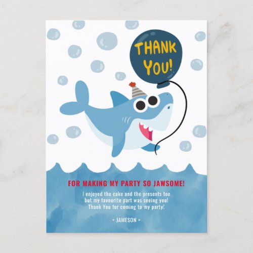 Baby Shark Jaw Birthday Party Thank You Postcard