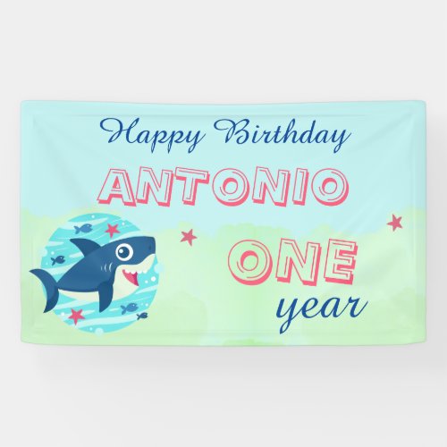 Baby Shark ocean blue cute kids Happy Birthday Banner