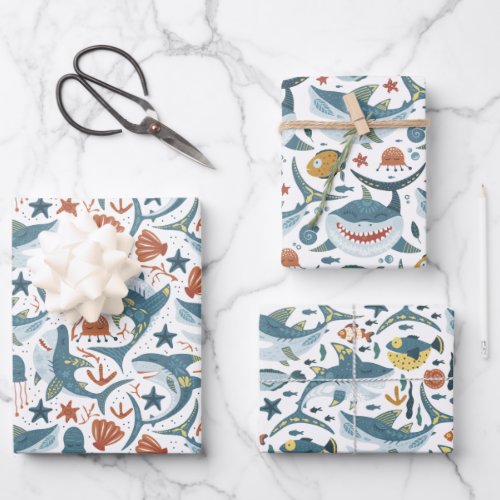 Baby Shark Pattern Wrapping Paper Sheets Set of 3