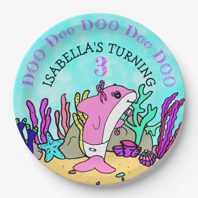 Baby Shark Teal Coral Birthday Party Paper Plates (Front)