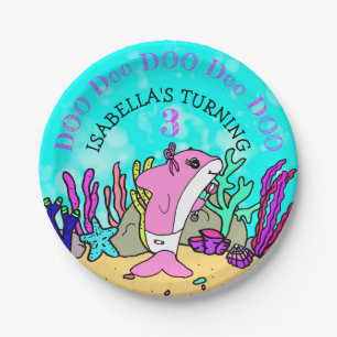 Baby Shark Teal Coral Birthday Party Paper Plates