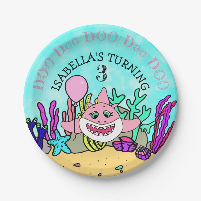 Baby Shark Teal Coral Birthday Party Paper Plates (Front)