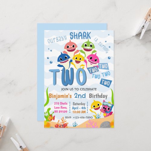 Baby Shark Two Two Two Kids 2nd Birthday Party Invitation