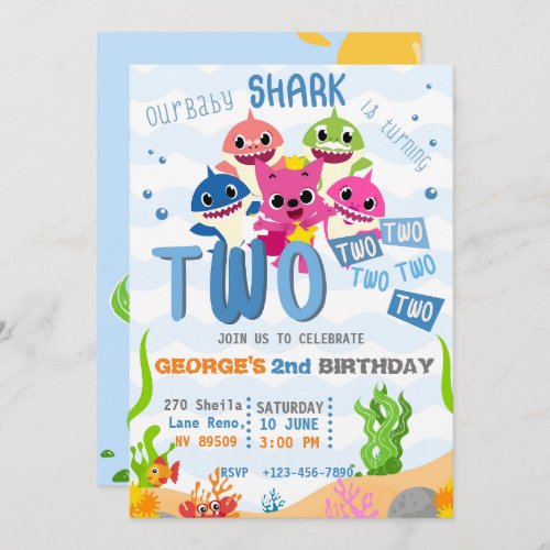 baby sharks pinkfong kids second birthday party  invitation