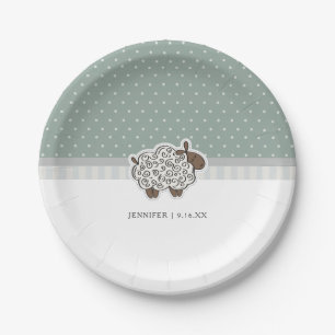 Baby Sheep Green Polka Dot Baby Shower Paper Plates