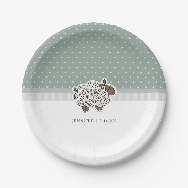 Baby Sheep Green Polka Dot Baby Shower Paper Plates (Front)