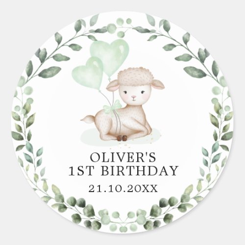 Baby Sheep Lamb Greenery Wreath Neutral Birthday Classic Round Sticker