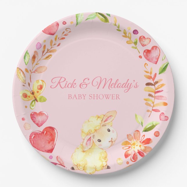 Baby Sheep / Lamb Pink and Yellow Girl Baby Shower Paper Plates (Front)