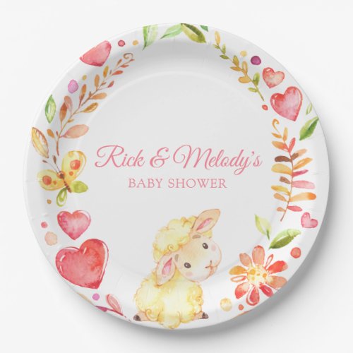 Baby Sheep  Lamb Pink and Yellow Girl Baby Shower Paper Plates