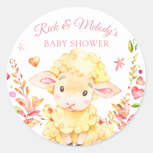 Baby Sheep  Lamb Pink Girls Baby Shower Classic Round Sticker
