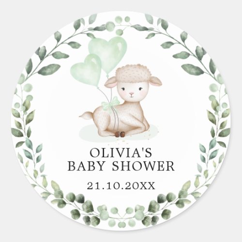Baby Sheep Little Lamb Greenery Eucalyptus Shower Classic Round Sticker