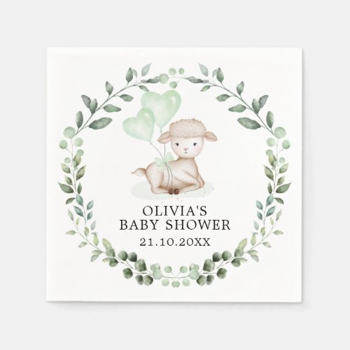 Baby Sheep Little Lamb Greenery Wreath Baby Shower Napkins