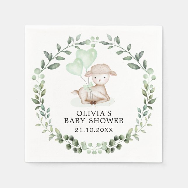 Baby Sheep Little Lamb Greenery Wreath Baby Shower Napkins (Front)