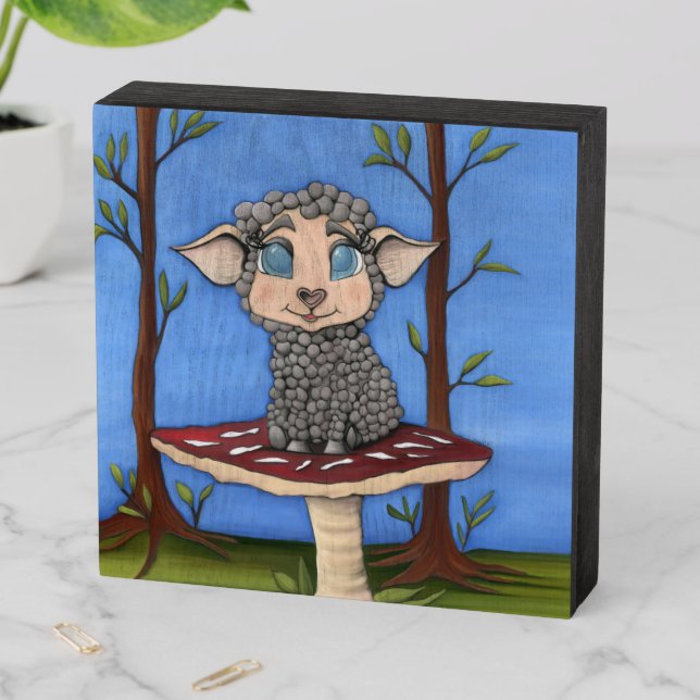 Baby Sheep on Toadstool Wooden Box Sign (In Situ Horizontal)