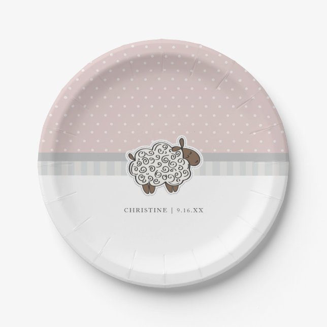Baby Sheep Pink Polka Dot Baby Shower Paper Plates (Front)