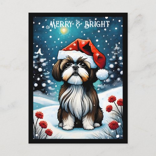Baby Shih Tzu Snowy Meadow Santa Dog Christmas Postcard
