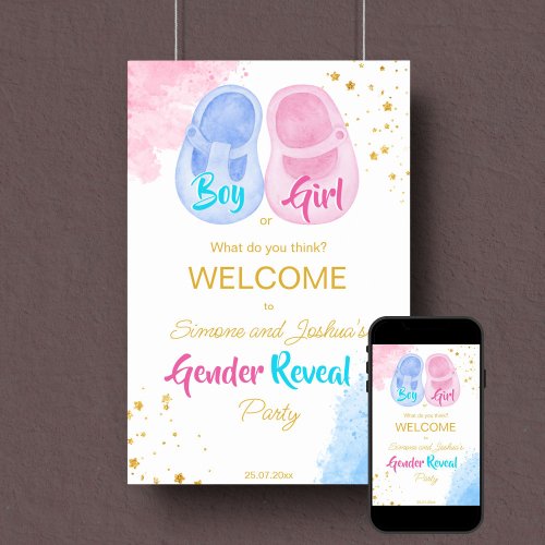 Baby shoes boy or girl gender reveal welcome sign