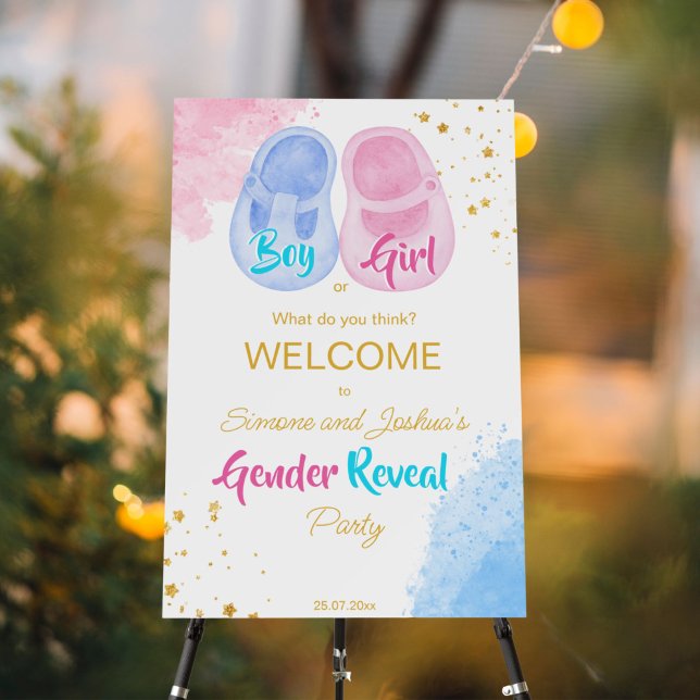 Baby shoes boy or girl gender reveal welcome sign (Gender reveal party welcome sign board baby shoes pink and blue he or she pastel personalized decor)