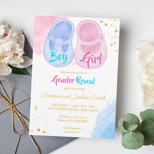 Baby shoes boy or girl pink blue gender reveal  invitation