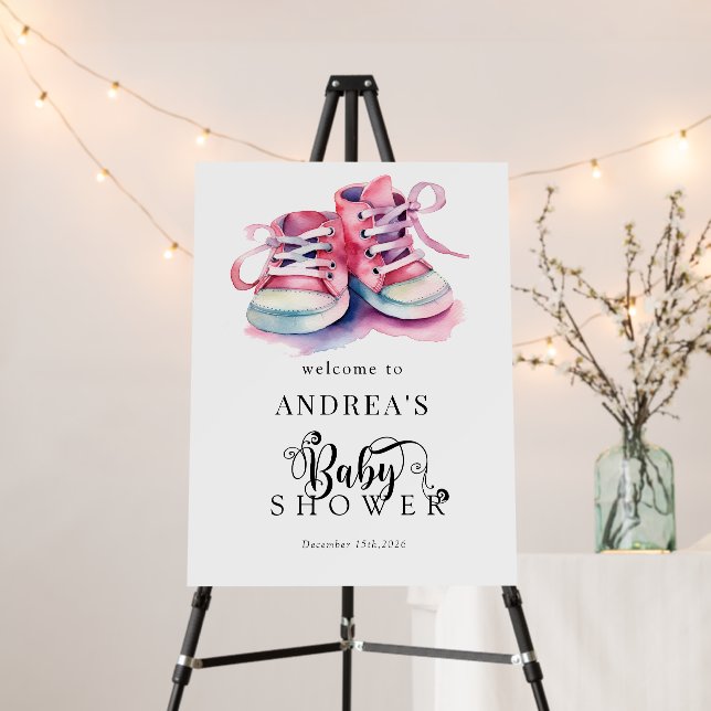 Baby Shoes | Girl Pink Baby Shower Welcome Sign (In Situ (Stand))