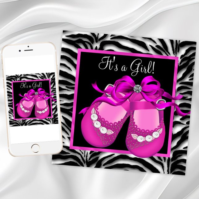 Baby Shoes Hot Pink Zebra Baby Girl Shower Invitation (Hot pink baby shower invitation with cute baby shoes. Download and printed invitations available.)