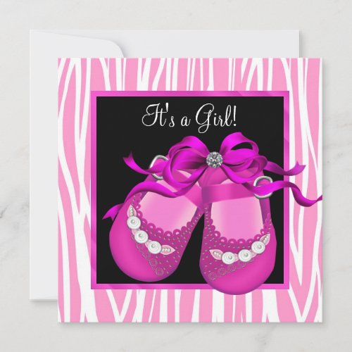 Baby Shoes Hot Pink Zebra Baby Girl Shower Invitation