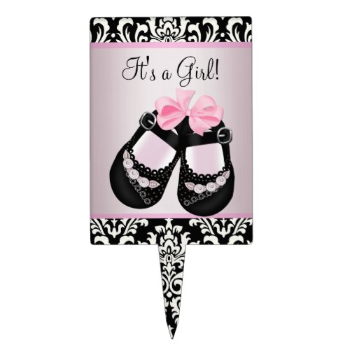 Baby Shoes Pink Black Damask Baby Shower Cake Cake Topper