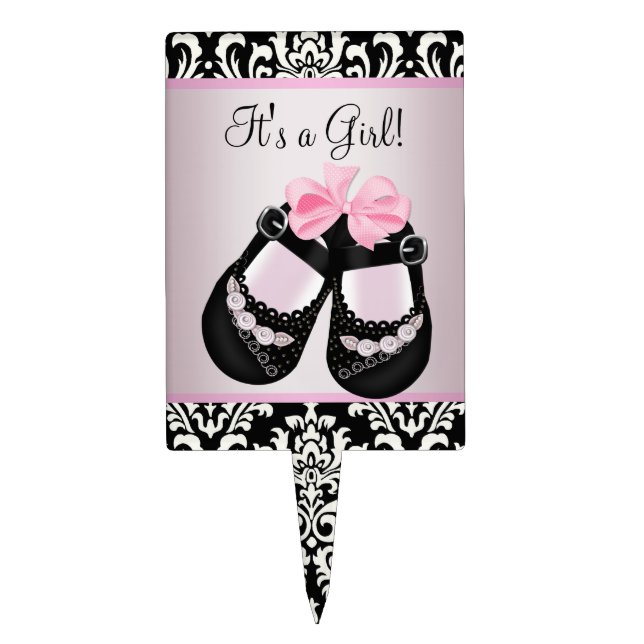 Baby Shoes Pink Black Damask Baby Shower Cake Cake Topper (Front)