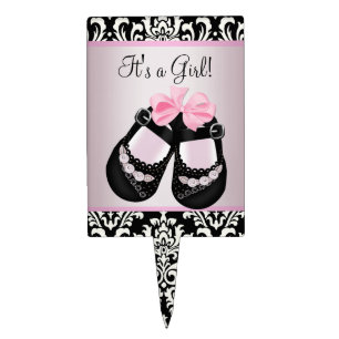 Baby Shoes Pink Black Damask Baby Shower Cake Topper