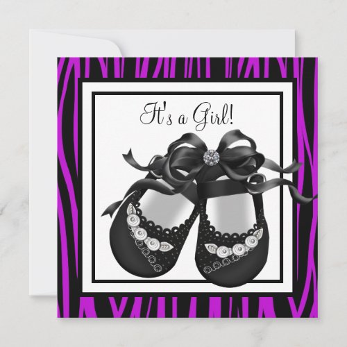 Baby Shoes Purple Zebra Baby Girl Shower Personalized Announcements