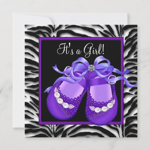 Baby Shoes Purple Zebra Baby Girl Shower Custom Announcement