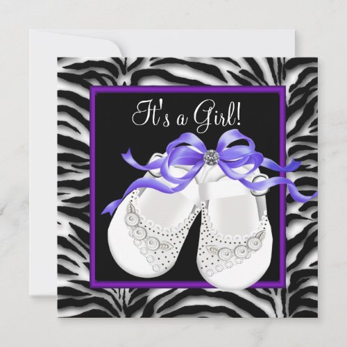 Baby Shoes Purple Zebra Baby Girl Shower Invitation